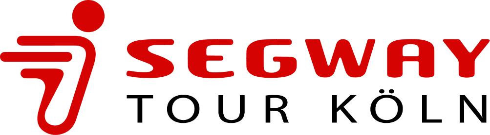 Rotes Logo der Segway Tour Köln mit einer stilisierten, fließenden menschlichen Figur auf einem Segway links und dem roten Schriftzug „SEGWAY“ über dem schwarzen Schriftzug „TOUR KÖLN