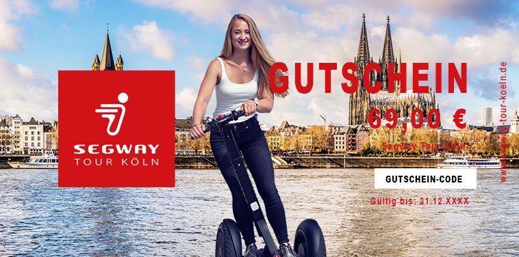 Segway Tour Köln Gutschein: junge Frau auf Segway mit Dom im Hintergrund, Logo und Preis 69,00 €